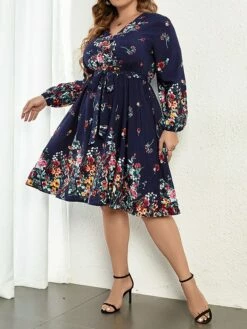 Women's Plus Size Party Dress Wedding Guest Dress Tunic Dress Mini Dress Dark Blue Long Sleeve Flower With Belt Spring Fall Winter V Neck Fashion Winter Dress Evening Party Wedding Guest 2023 XL XXL -LIGHTINTHEBOX Shop ppsdkz1693535764215