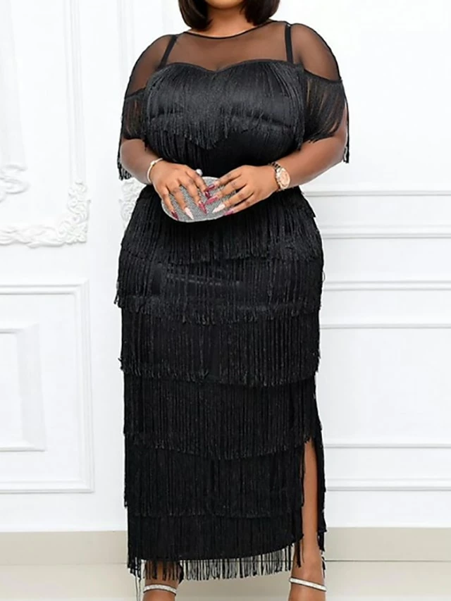 Women‘s Plus Size Curve Party Dress Black Dress Homecoming Dress Solid Color Crew Neck Tassel Fringe Half Sleeve Fall Spring Prom Dress 3 Women‘s Plus Size Curve Party Dress Black Dress Homecoming Dress Solid Color Crew Neck Tassel Fringe Half Sleeve Fall Spring Prom Dress
