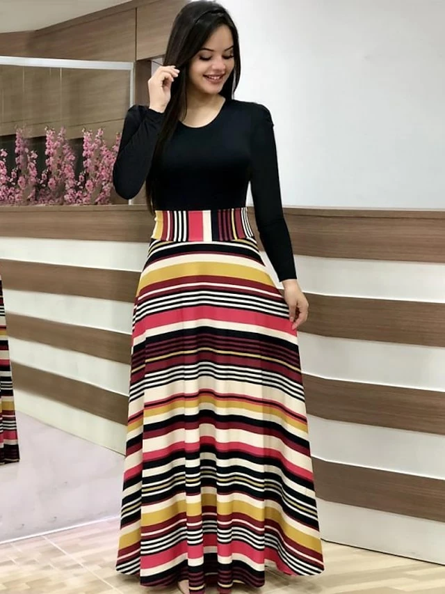 Women's Casual Dress Sheath Dress Long Dress Maxi Dress Black And White Color Bar Dots Long Sleeve Floral Print Crew Neck Summer Dress Daily Spring Dress Fall Slim S M L XL XXL XXXL 4XL 4 Women's Casual Dress Sheath Dress Long Dress Maxi Dress Black And White Color Bar Dots Long Sleeve Floral Print Crew Neck Summer Dress Daily Spring Dress Fall Slim S M L XL XXL XXXL 4XL - Image 2