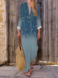 Women's Casual Dress Cotton Linen Dress Maxi Long Dress Polyester Fashion Casual Daily Outdoor Daily Vacation Split Neck Split Print Long Sleeve Summer Spring Fall 2023 Loose Fit White Pink Navy Blue -LIGHTINTHEBOX Shop pqoybp1690365282780