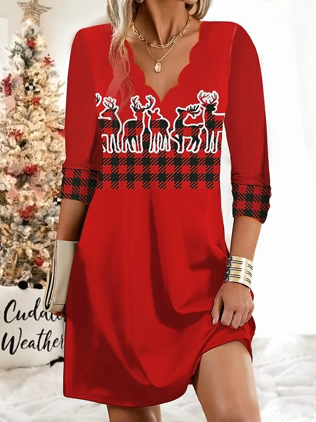 Women's Christmas Work Dress Casual Dress Fashion Winter DressDaily Mini Dress Print V Neck Long Sleeve SnowmanTree Regular Fit White Wine Green Fall Winter S M L XL XXL 5 Women's Christmas Work Dress Casual Dress Fashion Winter DressDaily Mini Dress Print V Neck Long Sleeve SnowmanTree Regular Fit White Wine Green Fall Winter S M L XL XXL - Image 3