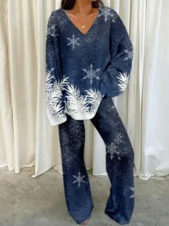 Women's Shirt Pants Sets Navy Blue Graphic Plant Print Long Sleeve Casual Daily Fashion V Neck Regular Fit Spring &Fall