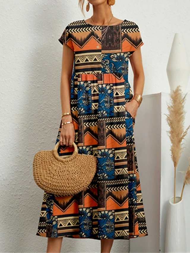 Women's Casual Dress Cotton Linen Dress Swing Dress Midi Dress Linen / Cotton Blend Fashion Ethnic Style Outdoor Daily Holiday Crew Neck Pocket Print Short Sleeve Summer Spring 2023 Loose Fit Black 3 Women's Casual Dress Cotton Linen Dress Swing Dress Midi Dress Linen / Cotton Blend Fashion Ethnic Style Outdoor Daily Holiday Crew Neck Pocket Print Short Sleeve Summer Spring 2023 Loose Fit Black