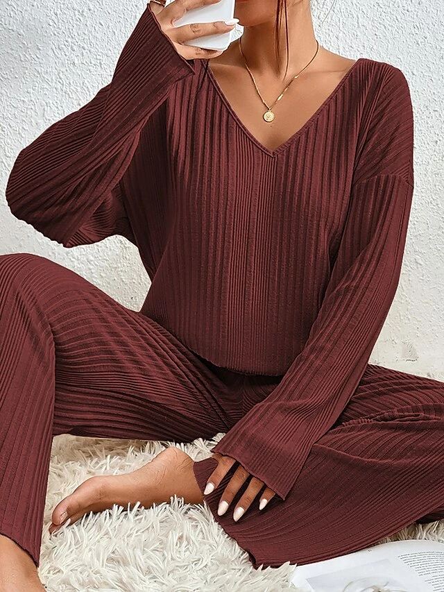 Women's Shirt Pants Sets Dark Grey Black Pink Solid Color Long Sleeve Casual Daily Daily V Neck Regular Fit Spring &Fall 14 Women's Shirt Pants Sets Dark Grey Black Pink Solid Color Long Sleeve Casual Daily Daily V Neck Regular Fit Spring &Fall - Image 12