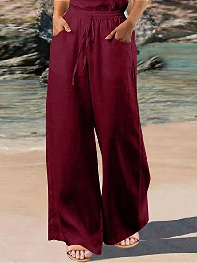 Women's Wide Leg Linen Pants Pants Trousers Full Length Linen / Cotton Blend Pocket Baggy Micro-elastic Mid Waist Fashion Streetwear Daily Daily Wear Claret Navy S M Summer Spring 17 Women's Wide Leg Linen Pants Pants Trousers Full Length Linen / Cotton Blend Pocket Baggy Micro-elastic Mid Waist Fashion Streetwear Daily Daily Wear Claret Navy S M Summer Spring - Image 15