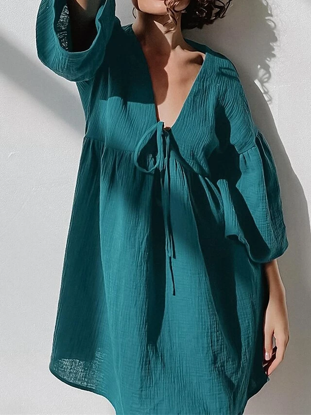 Women's Casual Dress Cotton Dress Swing Dress Mini Dress Cotton Fashion Modern Outdoor Daily Holiday V Neck Lace Up Ruched 3/4 Length Sleeve Fall Winter Autumn 2023 Loose Fit Light Green Blue Purple 4 Women's Casual Dress Cotton Dress Swing Dress Mini Dress Cotton Fashion Modern Outdoor Daily Holiday V Neck Lace Up Ruched 3/4 Length Sleeve Fall Winter Autumn 2023 Loose Fit Light Green Blue Purple - Image 2