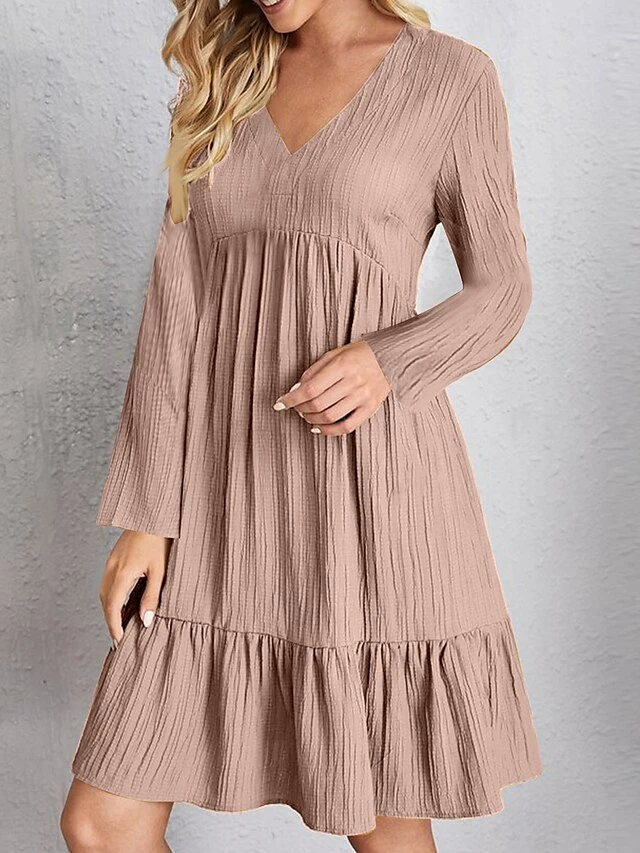 Women's Casual Dress Plain Dress Midi Dress Ruched Outdoor Street Daily Fashion Streetwear V Neck Long Sleeve 2023 Regular Fit Black Pink Red Color S M L XL XXL Size 5 Women's Casual Dress Plain Dress Midi Dress Ruched Outdoor Street Daily Fashion Streetwear V Neck Long Sleeve 2023 Regular Fit Black Pink Red Color S M L XL XXL Size - Image 3