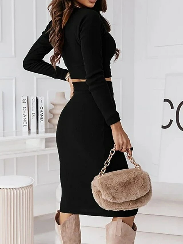Women's Two Piece Dress Set Casual Dress Skirt Set Outdoor Daily Fashion Sexy Ribbed Midi Dress Crew Neck Long Sleeve Plain Regular Fit Black Wine Green Fall Winter S M L XL 8 Women's Two Piece Dress Set Casual Dress Skirt Set Outdoor Daily Fashion Sexy Ribbed Midi Dress Crew Neck Long Sleeve Plain Regular Fit Black Wine Green Fall Winter S M L XL - Image 6