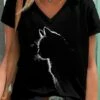 Women's T Shirt Tee Black Graphic Cat Print Short Sleeve Daily Weekend Basic V Neck Regular 3D Cat S -LIGHTINTHEBOX Shop puutyd1616824247118