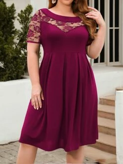Women's Plus Size Curve Party Dress Lace Dress Semi Formal Dress Solid Color Midi Dress Short Sleeve Lace Crew Neck Fashion Party ArmyGreen Black Fall Winter XL XXL 3XL 4XL -LIGHTINTHEBOX Shop pvhzcu1695813615919