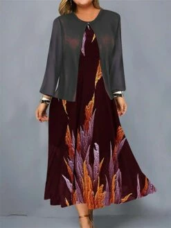Women's Plus Size Curve Casual Dress Dress Set Two Piece Dress Floral Midi Dress Long Sleeve Print Crew Neck Mature Outdoor Black Wine Fall Winter L XL XXL 3XL 4XL -LIGHTINTHEBOX Shop pvkjdi1695026888271