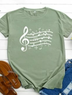 Women's T Shirt Tee 100% Cotton Black White Light Green Music Print Short Sleeve Daily Weekend Basic Round Neck Regular Fit -LIGHTINTHEBOX Shop pwcmbf1646893746506