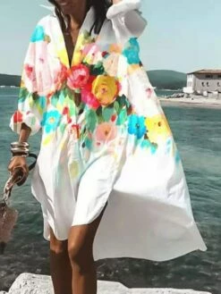 Women's Shirt Dress Casual Dress Swing Dress Maxi Long Dress Outdoor Winter Dress Daily Polyester Vacation Casual Shirt Collar High Low Dress Print Long Sleeve Spring Fall Winter 2023 Loose Fit White -LIGHTINTHEBOX Shop pwrulb1659593524318