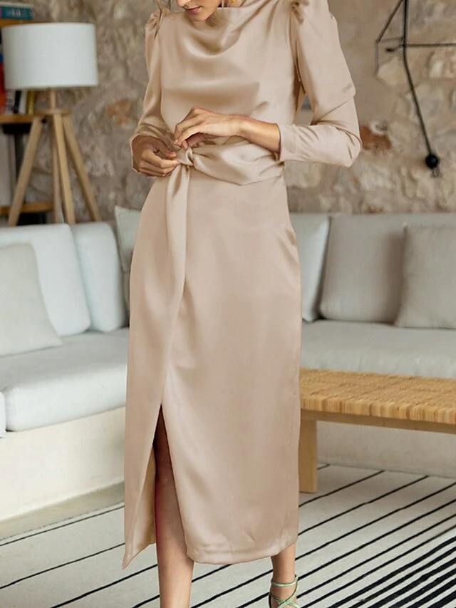 Women's Work Dress Satin Dress Semi Formal Dress Fashion Long Dress Maxi Dress Split Stand Collar Long Sleeve Plain Regular Fit Black Blue Sky Blue Fall Winter S M L XL 6 Women's Work Dress Satin Dress Semi Formal Dress Fashion Long Dress Maxi Dress Split Stand Collar Long Sleeve Plain Regular Fit Black Blue Sky Blue Fall Winter S M L XL - Image 4