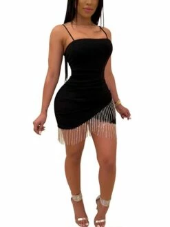 Women‘s Party Dress Fringe Dress Homecoming Dress Black Dress Mini Dress White Wine Sleeveless Pure Color Tassel Fringe Summer Spring Spaghetti Strap Party Party Slim 2022 S M L XL