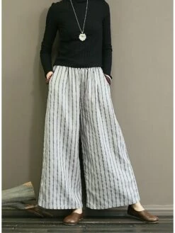 Women's Wide Leg Chinos Gauchos Pants Trousers Full Length Cotton And Linen Pocket Baggy Micro-elastic Mid Waist Vintage Fashion Casual Daily Black White M L Summer Fall -LIGHTINTHEBOX Shop pxqmfq1689931809200