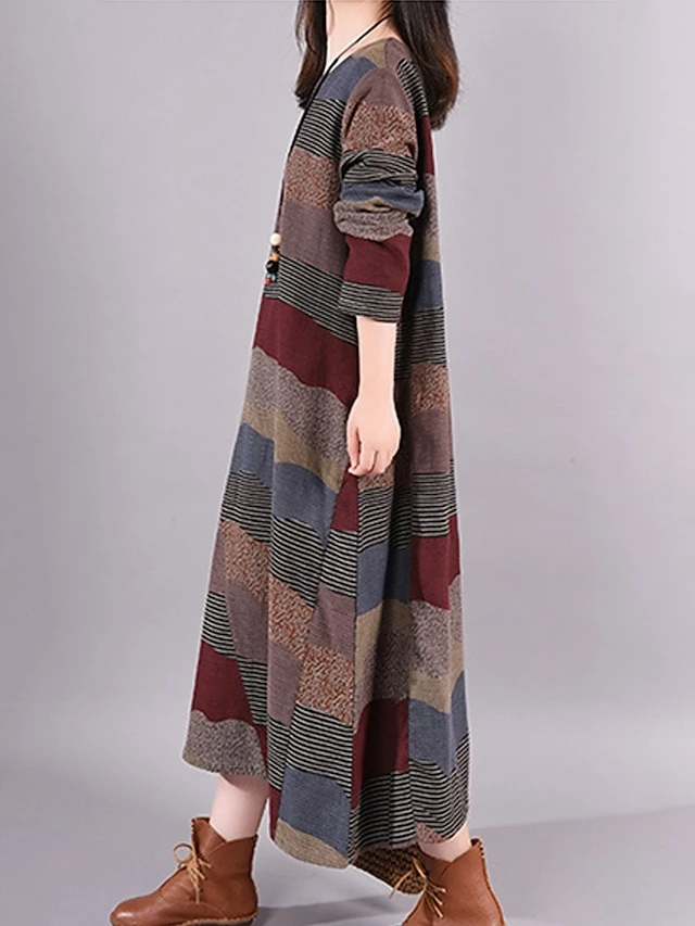 Women's Casual Dress Cotton Linen Dress Loose Dress Midi Dress Cotton Basic Classic Outdoor Daily Vacation Crew Neck Print Long Sleeve Spring Fall Winter 2023 Loose Fit Wine Brown Striped M L XL 2XL 5 Women's Casual Dress Cotton Linen Dress Loose Dress Midi Dress Cotton Basic Classic Outdoor Daily Vacation Crew Neck Print Long Sleeve Spring Fall Winter 2023 Loose Fit Wine Brown Striped M L XL 2XL - Image 3