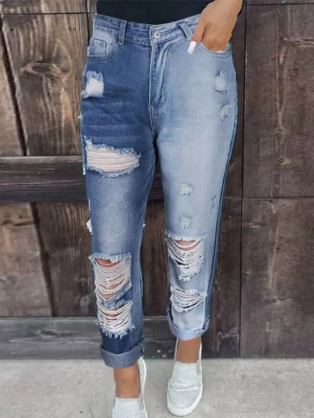 Women's Ripped Jeans Wide Leg Pants Trousers Denim Light Blue High Waist Fashion Casual Comfort Street Holiday Casual Daily Cut Out Micro-elastic Full Length Comfort Plain S M L XL 3 Women's Ripped Jeans Wide Leg Pants Trousers Denim Light Blue High Waist Fashion Casual Comfort Street Holiday Casual Daily Cut Out Micro-elastic Full Length Comfort Plain S M L XL