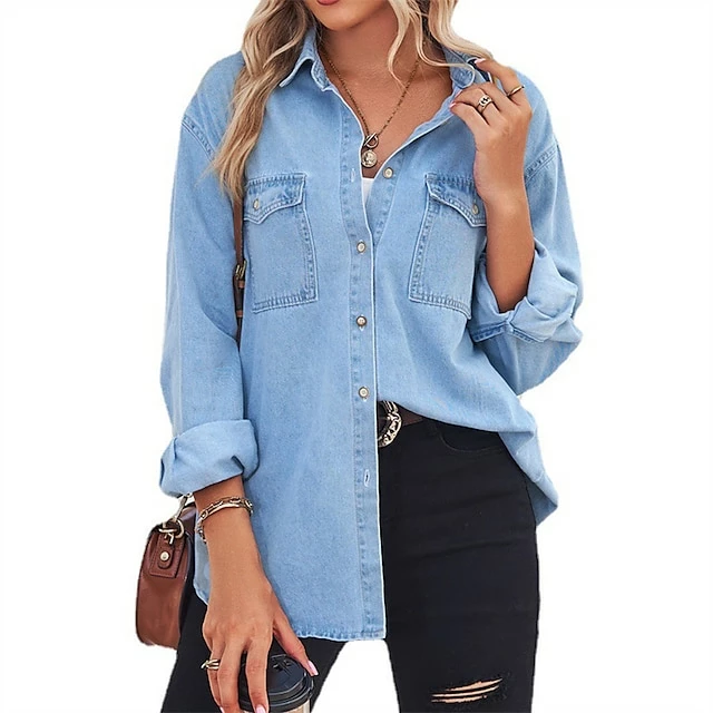 Blouse Women's Light Blue Solid / Plain Color Button-Down Daily Going Out Classic Shirt Collar Denim Regular Fit S 7 Blouse Women's Light Blue Solid / Plain Color Button-Down Daily Going Out Classic Shirt Collar Denim Regular Fit S - Image 5