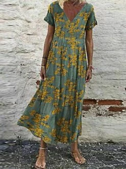 Women's Casual Dress Swing Dress Green Red Gray Short Sleeve Floral Print Spring Summer V Neck Hot Loose Fit S M L XL XXL 3XL 4XL 5XL