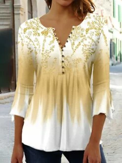 Women's Shirt Blouse Yellow Pink Red Floral Button Print 3/4 Length Sleeve Holiday Basic Neon & Bright Round Neck Regular Fit Floral -LIGHTINTHEBOX Shop pzhoqa1683027782691