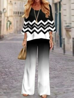 Women's Shirt Pants Sets Black Blue Green Gradient Striped Print Long Sleeve Casual Holiday Streetwear Round Neck Regular Fit Fall & Winter