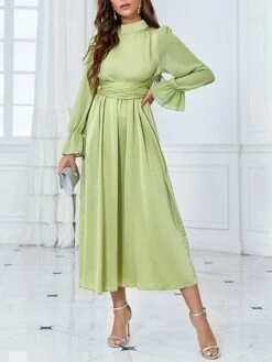 Women's Prom Dress Party Dress Satin Dress Long Dress Maxi Dress Green Long Sleeve Pure Color Strappy Spring Fall Winter Stand Collar Fashion Winter Dress Evening Party Wedding Guest 2023 S M L XL