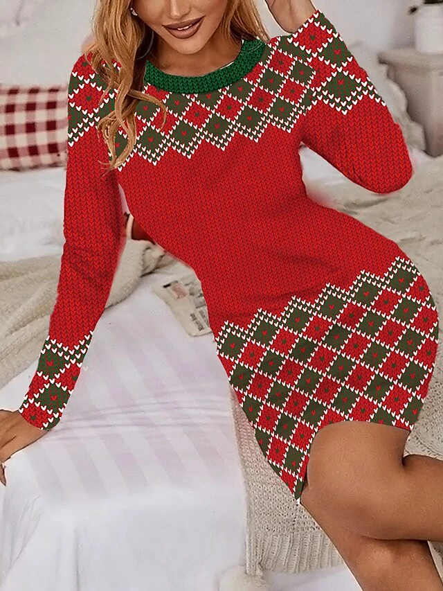 Women's Christmas Casual Dress Print Dress Wine Light Red Red Long Sleeve Elk Tree Snowflake Print Winter Autumn Crew Neck Fashion Casual 2022 S M L XL 2XL 3XL 4XL 5XL 6XL 4 Women's Christmas Casual Dress Print Dress Wine Light Red Red Long Sleeve Elk Tree Snowflake Print Winter Autumn Crew Neck Fashion Casual 2022 S M L XL 2XL 3XL 4XL 5XL 6XL - Image 2