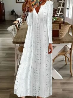 Women's Casual Dress Cotton Linen Dress Swing Dress Maxi Long Dress Polyester Basic Classic Outdoor Daily Vacation Split Neck Eyelet Long Sleeve Summer Spring Fall 2023 Regular Fit Black White Pink