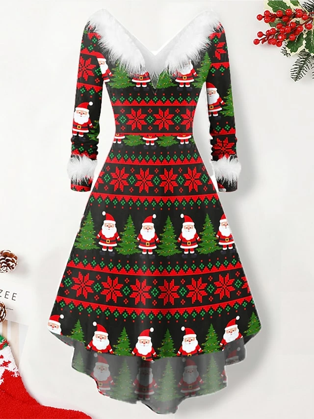 Women's Christmas Swing Dress Vintage Dress Midi Dress Green Silver Wine Red Brown White Long Sleeve Print Plus High Low Print Winter Fall V Neck Vintage Romantic Traditional 2022 S M L XL 2XL 8 Women's Christmas Swing Dress Vintage Dress Midi Dress Green Silver Wine Red Brown White Long Sleeve Print Plus High Low Print Winter Fall V Neck Vintage Romantic Traditional 2022 S M L XL 2XL - Image 6