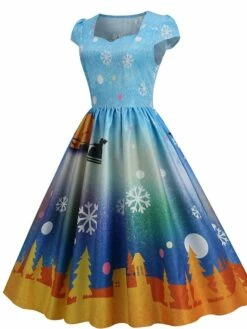 Women's Christmas Swing Dress Vintage DressKnee Length Dress Blue Wine Red Light BlueShort Sleeve Santa Claus Snowman Tree Print Fall Winter Square Neck Vintage Elegant Slim 2022 S M L XL -LIGHTINTHEBOX Shop qbjtlt1665475226927