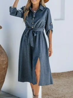 Women's Shirt Dress Casual Dress Midi Dress Outdoor Daily Date Polyester Basic Classic Shirt Collar Lace Up Button Long Sleeve Spring Fall Winter 2023 Loose Fit Navy Blue Pure Color S M L XL