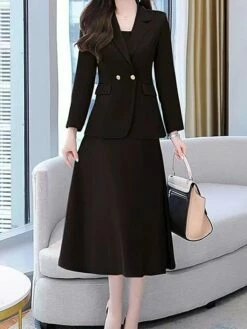Women's Two Piece Dress Set Work Dress Skirt Set Formal Office Streetwear Elegant Button Pocket Midi Dress Shirt Collar Long Sleeve Plain Regular Fit Black Purple Beige Fall Winter M L XL XXL 3XL -LIGHTINTHEBOX Shop qcynxo1694498846782