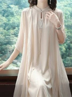 Women's Two Piece Dress Set Casual Dress Chiffon Dress Daily Holiday Fashion Streetwear Layered Midi Dress Stand Collar 3/4 Length Sleeve Plain Regular Fit White Beige Fall Winter M L XL XXL 3XL -LIGHTINTHEBOX Shop qdkvdy1697524673394