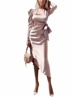 Women‘s Party Dress Wedding Guest Dress Satin Dress Pink Dress Midi Dress Pink Long Sleeve Print Ruched Winter Fall Autumn Crew Neck Elegant Wedding Party Winter Dress 2023 S M L XL XXL -LIGHTINTHEBOX Shop qehyky1678437566624