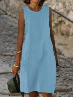 Women's Casual Dress Cotton Dress Shift Dress Midi Dress Cotton Blend Fashion Basic Outdoor Daily Vacation U Neck Pocket Sleeveless Summer Spring Fall 2023 Loose Fit Light Blue Black White Plain S M -LIGHTINTHEBOX Shop qeqrzd1689566072235