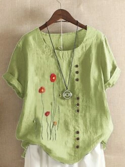 Women's Shirt Blouse White Yellow Pink Flower Patchwork Short Sleeve Casual Daily Vintage Casual Round Neck Regular Cotton Floral M