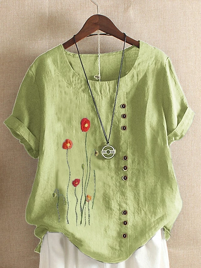 Women's Shirt Blouse White Yellow Pink Flower Patchwork Short Sleeve Casual Daily Vintage Casual Round Neck Regular Cotton Floral M 3 Women's Shirt Blouse White Yellow Pink Flower Patchwork Short Sleeve Casual Daily Vintage Casual Round Neck Regular Cotton Floral M