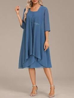 Women's Two Piece Dress Set Party Dress Chiffon Dress Party Wedding Guest Fashion Elegant Ruffle Midi Dress Crew Neck 3/4 Length Sleeve Plain Loose Fit Blue Fall Winter S M L XL XXL -LIGHTINTHEBOX Shop qezidu1696604913012