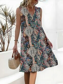 Women's Casual Dress Ethnic Dress Tank Dress Floral Paisley Pocket Print Strap Midi Dress Vintage Ethnic Outdoor Daily Sleeveless Loose Fit Black Navy Blue Blue Summer Spring S M L XL XXL