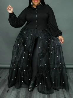 Women‘s Plus Size Curve Flattering Dresses Elegant Apple Shaped Dress Wedding Guest Casual Dress Swing Dress Polka Dot Long Dress Maxi Dress Long Sleeve Mesh Stand Collar Basic Daily Spring Summer