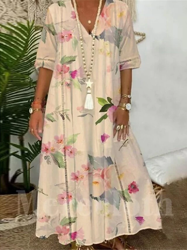 Women's Long Dress Maxi Dress Casual Dress Summer Dress Print Dress Floral Fashion Streetwear Daily Holiday Vacation Print Half Sleeve V Neck Dress Loose Fit White Pink Khaki Summer Spring S M L XL 4 Women's Long Dress Maxi Dress Casual Dress Summer Dress Print Dress Floral Fashion Streetwear Daily Holiday Vacation Print Half Sleeve V Neck Dress Loose Fit White Pink Khaki Summer Spring S M L XL - Image 2
