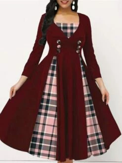 Women's Work Dress Swing Dress Church Dress Midi Dress Black Wine Dark Blue Long Sleeve Plaid Button Spring Fall Winter Square Neck Fashion Office 2023 S M L XL XXL 3XL 4XL 5XL
