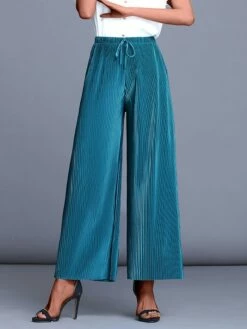 Women's Wide Leg Pants Trousers Baggy Long Pleated Baggy Micro-elastic Mid Waist Streetwear Simple Outdoor Vacation Rice White Peacock Blue M L Summer Spring