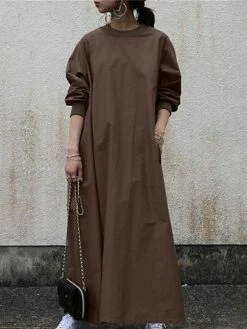 Women's Work Dress Shift Dress Semi Formal Dress Fashion Long Dress Maxi Dress Pocket Crew Neck Long Sleeve Plain Loose Fit Black Brown Light Blue Fall Winter S M L XL XXL -LIGHTINTHEBOX Shop qgvlrw1693895815242