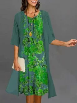 Women's Two Piece Dress Set Casual Dress Print Dress Outdoor Daily Fashion Elegant Print Midi Dress Crew Neck 3/4 Length Sleeve Floral Regular Fit Wine Navy Blue Blue Summer Spring S M L XL XXL -LIGHTINTHEBOX Shop qhhmrj1687920844912