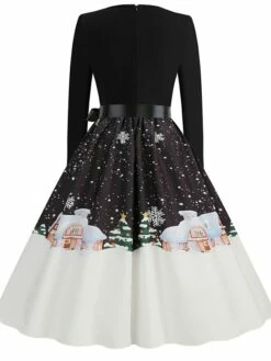 Women's Christmas Vintage Dress Midi Dress Black And White Green Black Long Sleeve Santa Claus Bow Winter Fall Autumn Square Neck Stylish Christmas Vacation 2022 S M L XL XXL 3XL -LIGHTINTHEBOX Shop qhtuzn1667637303659