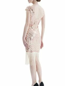 Women's Retro 1920s Fringe Dress Midi Dress Party Halloween Sequins Tassel Fringe Geometric V Neck Short Sleeve Regular Fit Spring Fall 2023 Silver Pink S M L XL -LIGHTINTHEBOX Shop qhwutw1693212359970