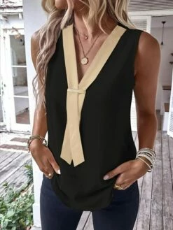 Women's Tank Top Black Brown Green Color Block Sleeveless Casual Basic V Neck Regular Fit -LIGHTINTHEBOX Shop qidgkt1679912965548