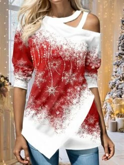 Women's Shirt Blouse Pink Red Blue Snowflake Cut Out Asymmetric Print Long Sleeve Christmas Casual Festival / Holiday V Neck Regular Fit Spring &Fall